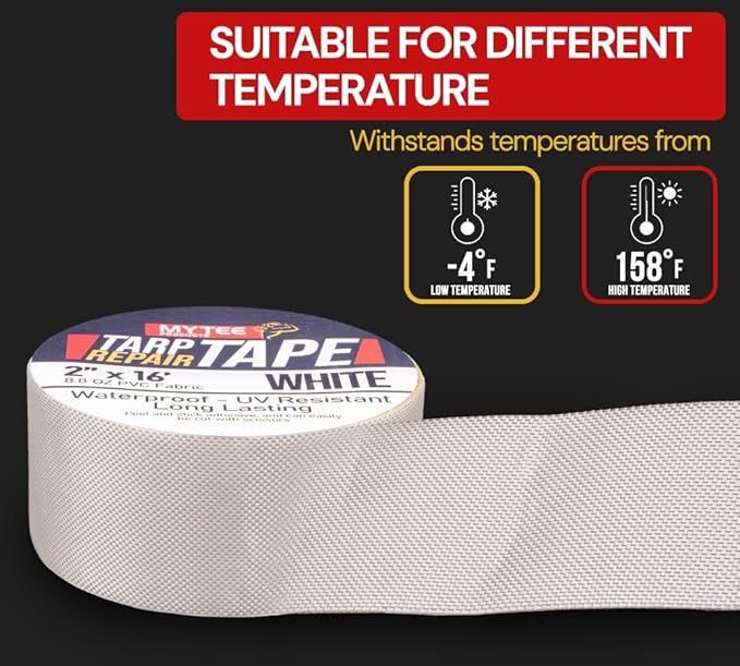 Mytee Products 2" x16' White Vinyl Tarp Repair Tape Kit – Heavy Duty 8.8oz Peel & Stick Waterproof Patch for Canvas, Tent, Awning, Boat Cover, RV & Truck Tarps, UV Resistant