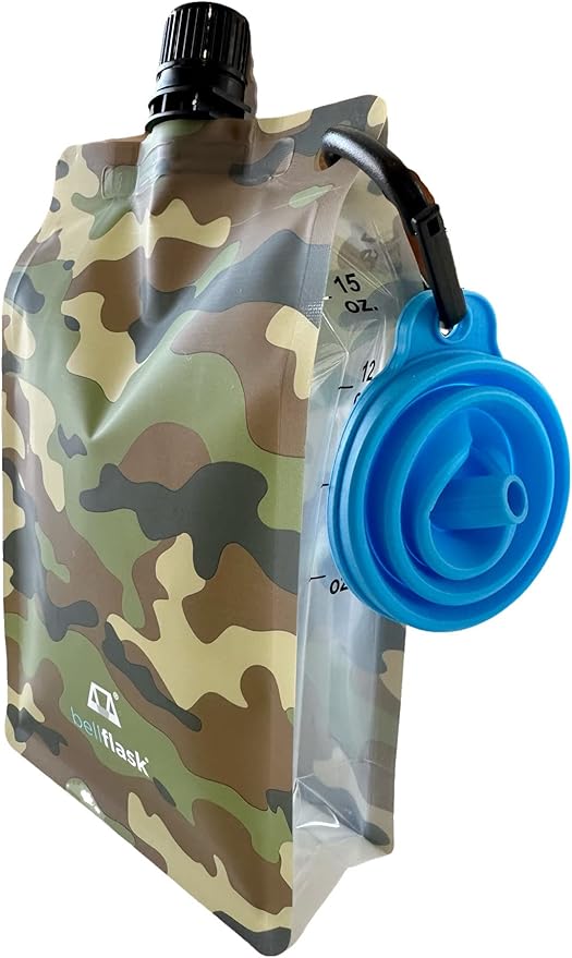 BellFlask - 15 oz. Flask, Patented, Flexible, Metal-Free, Reusuable, Plastic, BPA-Free with Carabiner Clip and Filling Funnel