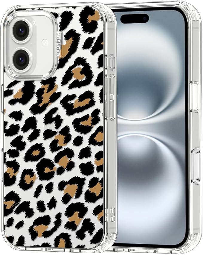 MOSNOVO Case for iPhone 16, [Buffertech 6.6ft Military-Grade Drop Protection] [Anti Peel Off Tech] Clear TPU Bumper Phone Case Cover Design - Leopard Print