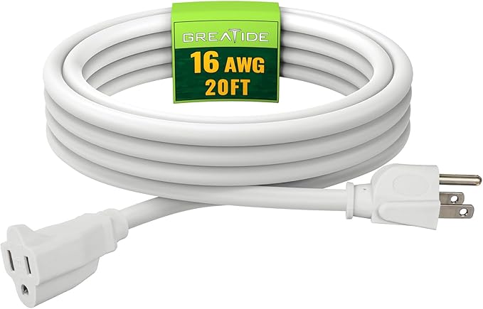 Indoor Outdoor Extension Cord 20 FT, 16/3 SJTW Weatherproof White Electrical Cords, 13 AMP Heavy Duty 3 Prong Power Cable Great for Garden, Landscaping & Holiday Decorations
