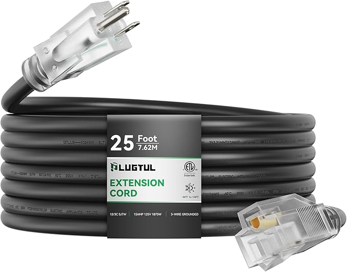 PLUGTUL Outdoor Extension Cord 25FT, 12 Gauge Extension Cord with Lighted End, Heavy Duty,15A 1875W SJTW, ETL Listed, Great for Garden and Home, Black