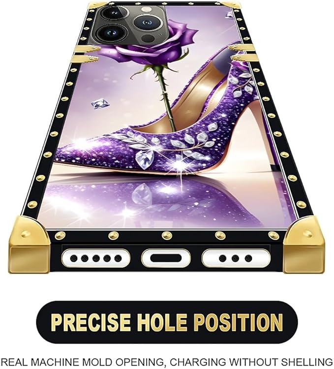 Compatible with iPhone 16 Pro Case, High Heeled Purple Diamond Rose Luxury Golden Decoration for Girl Women Soft TPU Shockproof Protective Hard PC Back for iPhone 16 Pro