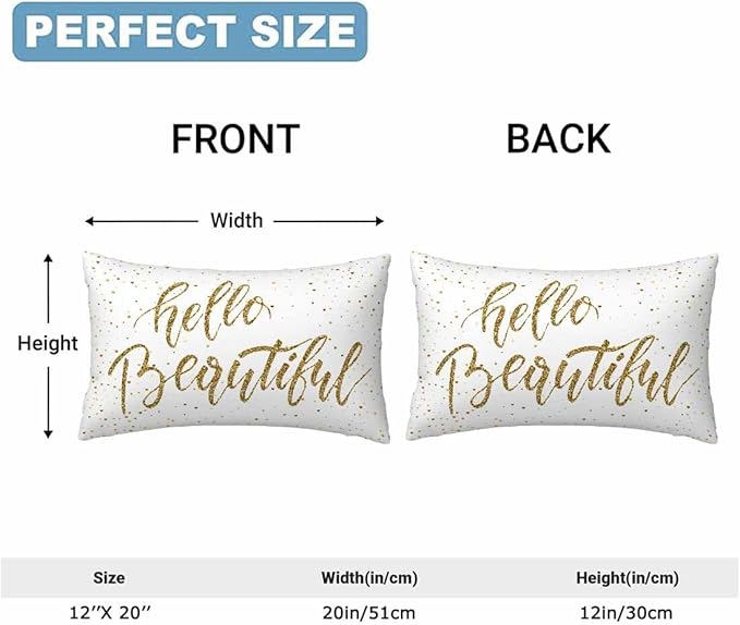 Hello Beautiful Bling Pillow Covers 12 X 20 Gold Glitter Motivational Quote Set of 2 Pillow Cases Rectangular Velvet Outdoor Throw Cushion Pillowcases Decorative for Home Bed Sofa Couch Hotel