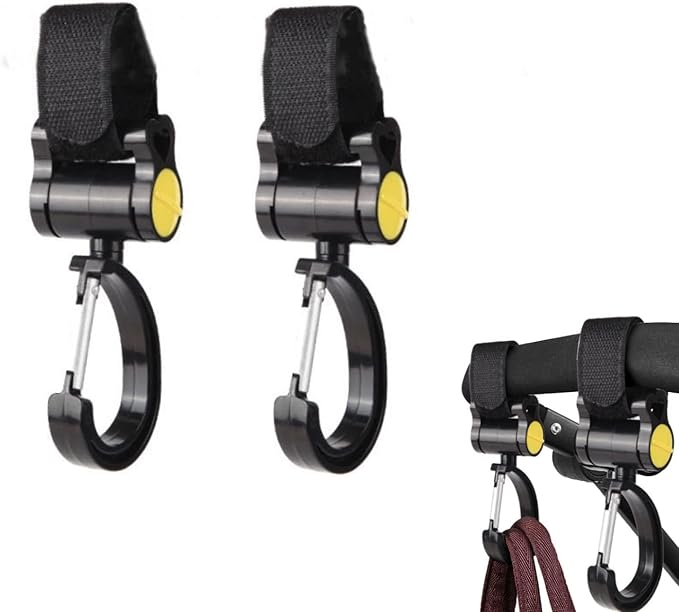 2 Pcs Walker Hook Hanging Multipurpose 360° Rotation Stroller Clip Diaper Bag Hanger for Walker Rollator Crutches Wheelchair Shopping Cart Car Back Seat Purses Bike Wheelchair Pushchair (Closing)