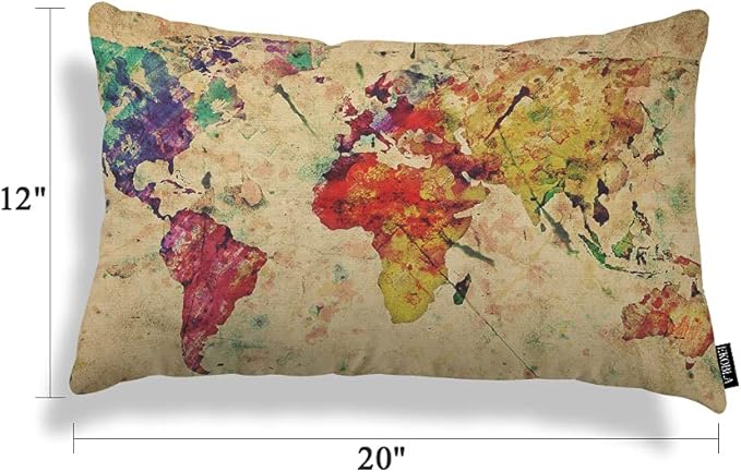 EKOBLA Watercolor World Map Lumbar Pillow Cases Vintage Global Stain Graphic Decorative Throw Pillow Cover Rectangle Cushion Covers Cotton Linen 12x20 Inch for Men Women