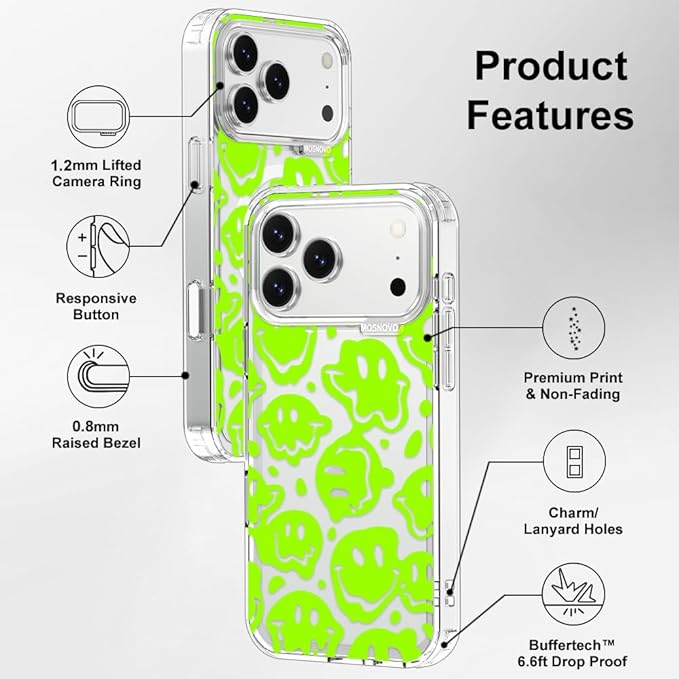 MOSNOVO for iPhone 17 Pro Max Case | Military Grade 6.6ft Drop Tested | Camera Control | Clear with Distorted Green Smiles Face Design