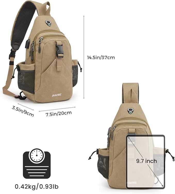 G4Free Canvas Sling Bag Crossbody Backpack with USB Charging Port & RFID Blocking, Hiking Daypack Chest Bag for Women Men