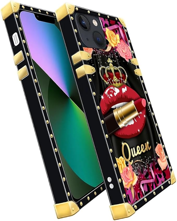Compatible with iPhone 13 Case, Queen Lip Crown Leopard Print Luxury Golden Decoration for Girl Women Soft TPU Shockproof Protective Hard PC Back for iPhone 13