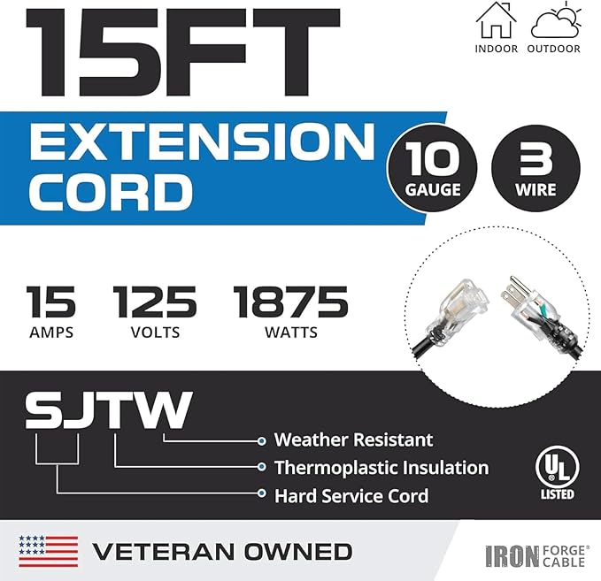 Iron Forge Cable 15 ft Lighted Outdoor Extension Cord - 10 Gauge Heavy Duty Extension Cord Black 15 Amp with 3 Prong Grounded Plug, Weatherproof Power Cable for Outside