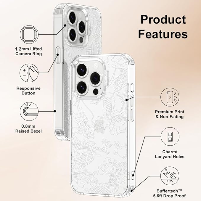 MOSNOVO Case for iPhone 14 Pro, [Buffertech 6.6ft Military-Grade Drop Protection] [Anti Peel Off Tech] Clear TPU Bumper Phone Case Cover Design - White Dragon