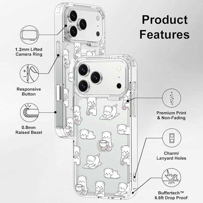 MOSNOVO for iPhone 17 Pro Max Case, Shockproof Military-Grade Protection 6.6ft Drop Tested, Camera Control, Clear Phone Case for iPhone 17 Pro Max, Cozy Bear Days Design