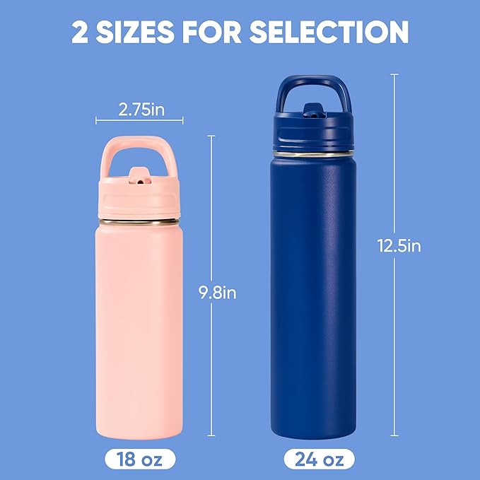 Fijinhom 2 Pack 18oz Insulated Stainless Steel Water Bottle with Straws, Double Wall Vacuum Insulated Bottles, Metal Thermo for Travel, Sports, Leak-Proof, BPA Free, Women & Men, Pink&Blue