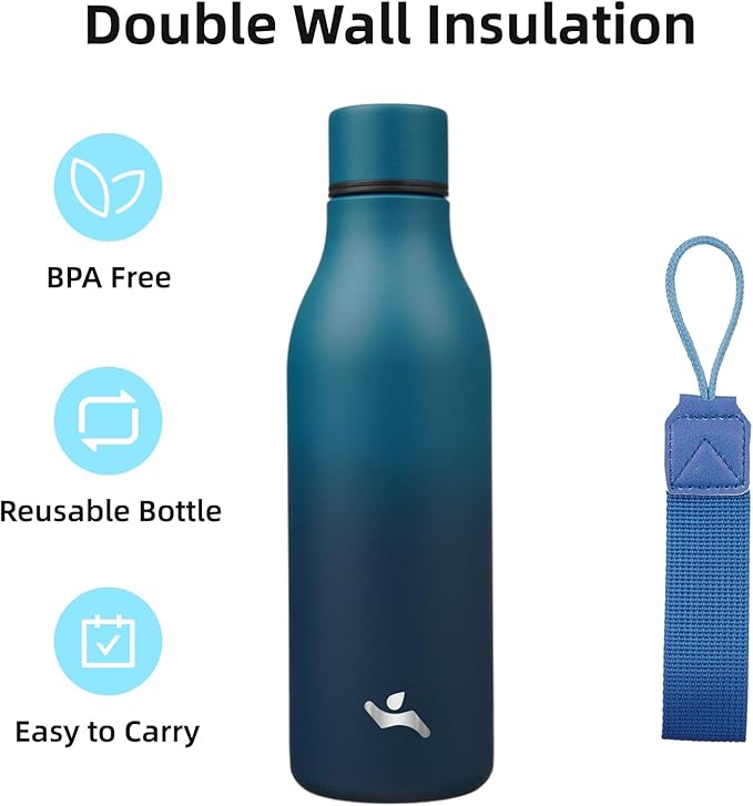 Insulated Water Bottle with Strap,18 oz Double Wall Stainless Steel Vacuum Bottles Metal Water Flask,Indigo Black