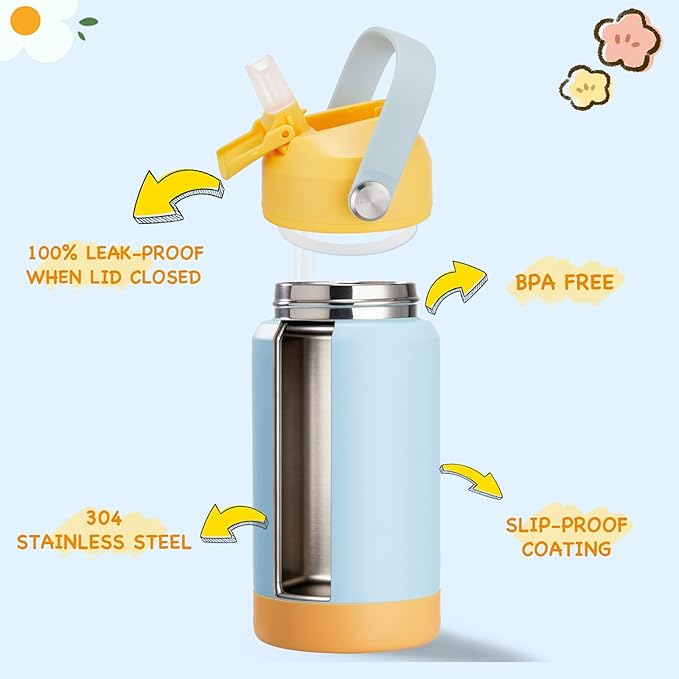 Kerilyn 12oz Water Bottle 2 Pack, Stainless Steel Insulated Water Bottle Bulk with Straws Leak-Proof,BPA Free, 2 Piece Set Cream & Blue