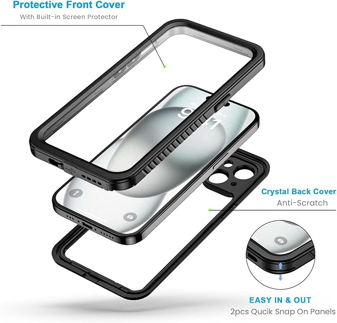 Lanhiem for iPhone 15 Plus Case, IP68 Waterproof Dustproof Shockproof Cases with Built-in Screen Protector, 360 Full Body Protective Phone Case for iPhone 15 Plus - 6.7 inch (Black)