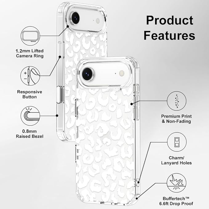 MOSNOVO for iPhone Air Case | Military Grade 6.6ft Drop Tested | Camera Control | Clear with White Leopard Print Design