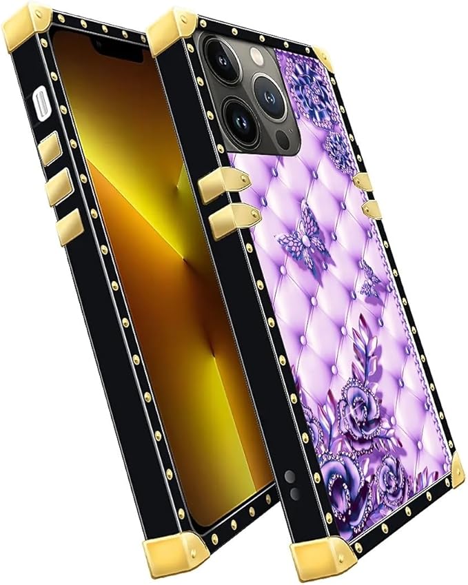 Compatible with iPhone 13 Pro Case, Purple Butterfly Flowers Leaf Luxury Golden Decoration for Girl Women Soft TPU Shockproof Protective Hard PC Back for iPhone 13 Pro
