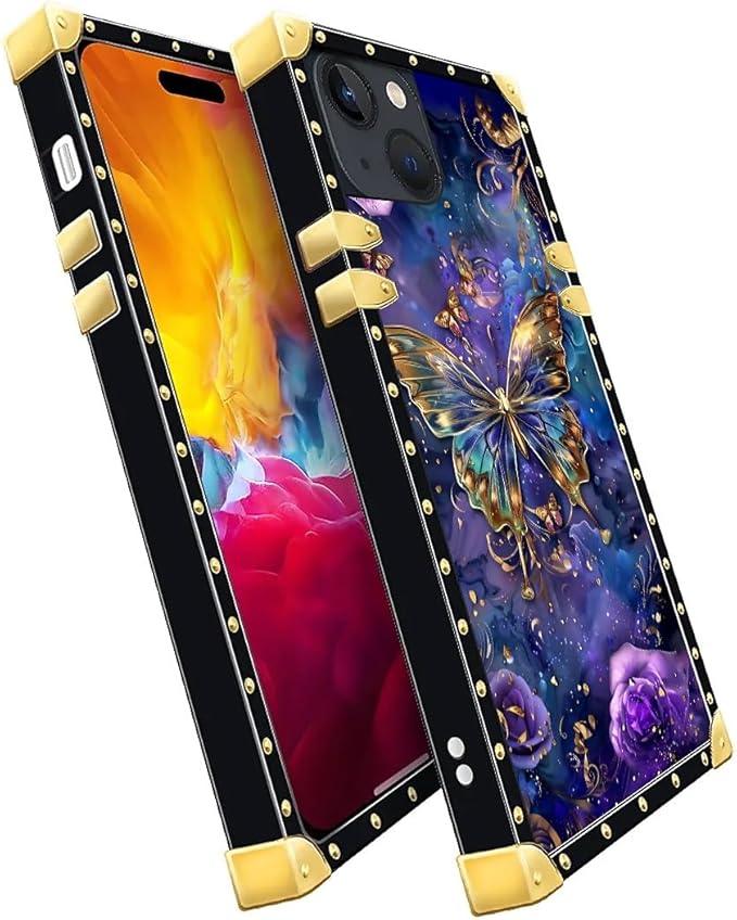 Compatible with iPhone 15 Case, Glistening Golden Butterfly Vibrant Purple Blue Luxury Golden Decoration for Girl Women Soft TPU Shockproof Protective Hard PC Back for iPhone 15