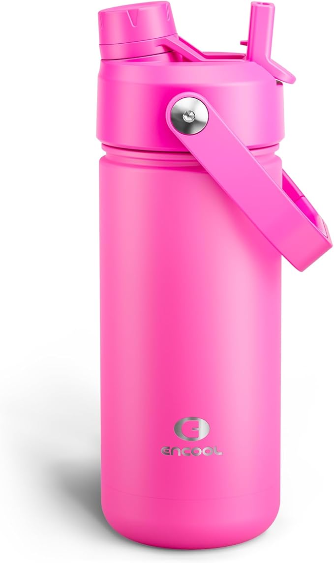 ENCOOL Insulated Water Bottle with Straw Stainless Steel Water Bottle, Leak-Proof, BPA-Free, Double Wall Vacuum Keeps Cold for 24 Hours for Sports, Travel, School (18 oz, Persian Rose)