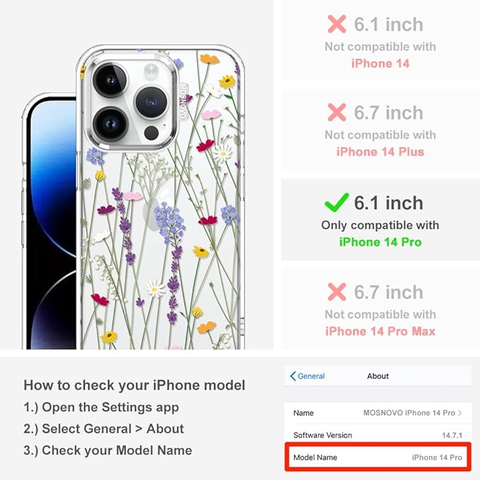 MOSNOVO Case for iPhone 14 Pro, [Buffertech 6.6ft Military-Grade Drop Protection] [Anti Peel Off Tech] Clear TPU Bumper Phone Case Cover Design - Floral Garden