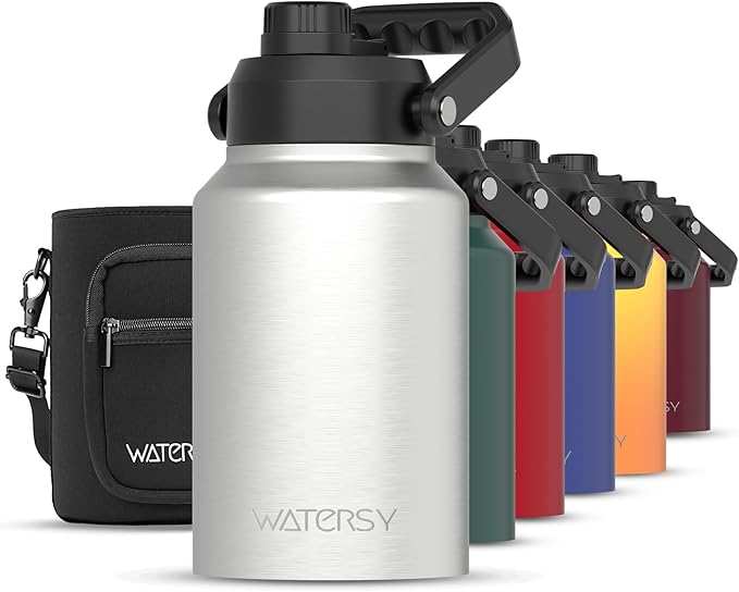 WATERSY Half Gallon Water Bottle Insulated(Cold for 48 Hrs),BPA Free&Leak Proof,64oz Stainless Steel Water Jug/Flask,Big thermo,Large Water Bottle with Handle for Gym,Hiking,Camping,Stainless