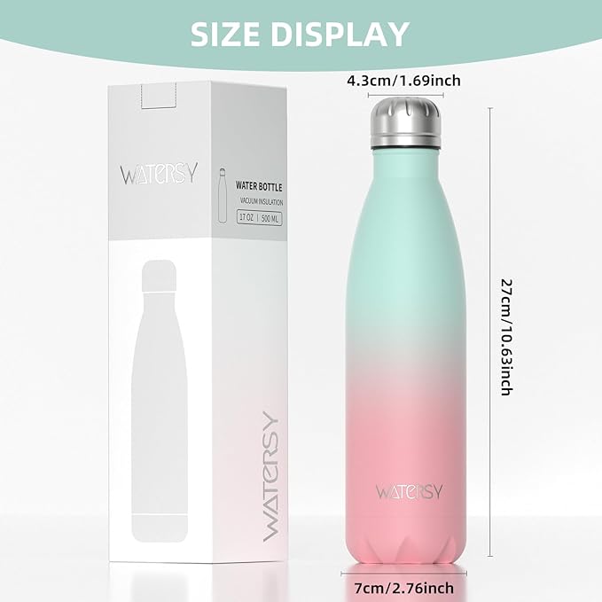 WATERSY Stainless Steel Water Bottle, 17oz/500ml Insulated Pink Bottle Keeps Drink Cold and Hot, BPA Free for School, Gym, Travel, Sports