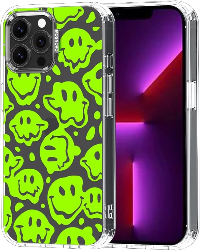 MOSNOVO Case for iPhone 13 Pro Max, [Buffertech 6.6ft Military-Grade Drop Protection] [Anti Peel Off Tech] Clear TPU Bumper Phone Case Cover Design - Distorted Green Smiles Face