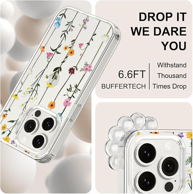 MOSNOVO Case for iPhone 15 Pro, [Buffertech 6.6ft Military-Grade Drop Protection] [Anti Peel Off Tech] Clear TPU Bumper Phone Case Cover Design - Wildflowers