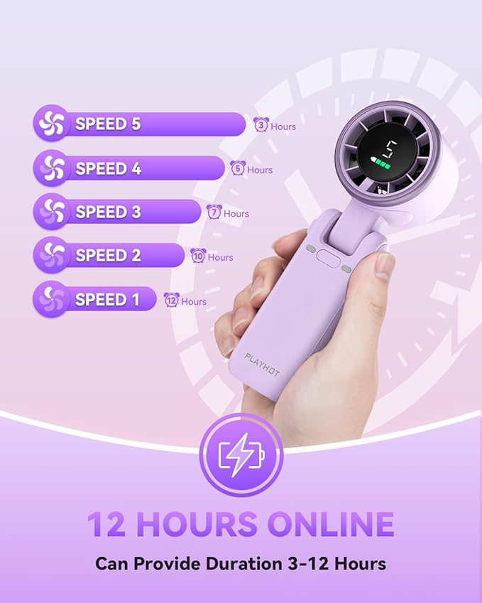 PlayHot Portable Handheld Turbo Fan, 5-Speed Personal Fans, 5000mAh Rechargeable Fans Up to 12 Hours, Weight only 0.6lb Small Fan, Hand/Neck/Desk Fan 3 IN 1, Beach Vacation Essentials(Purple)