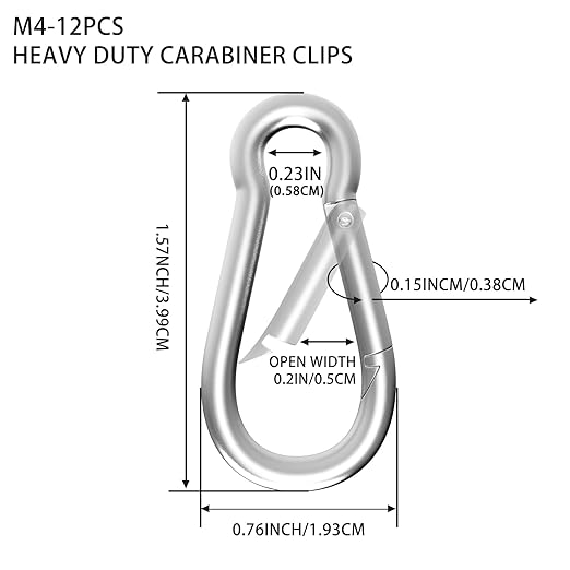Carabiner, Heavy Duty Galvanized Steel Spring Snap Hook Carabiner Clips with 110LBS Holding Capacity, Ideal for Outdoor, Hammock, Swing and Travel (M4 1.6Inch, 12PCS)
