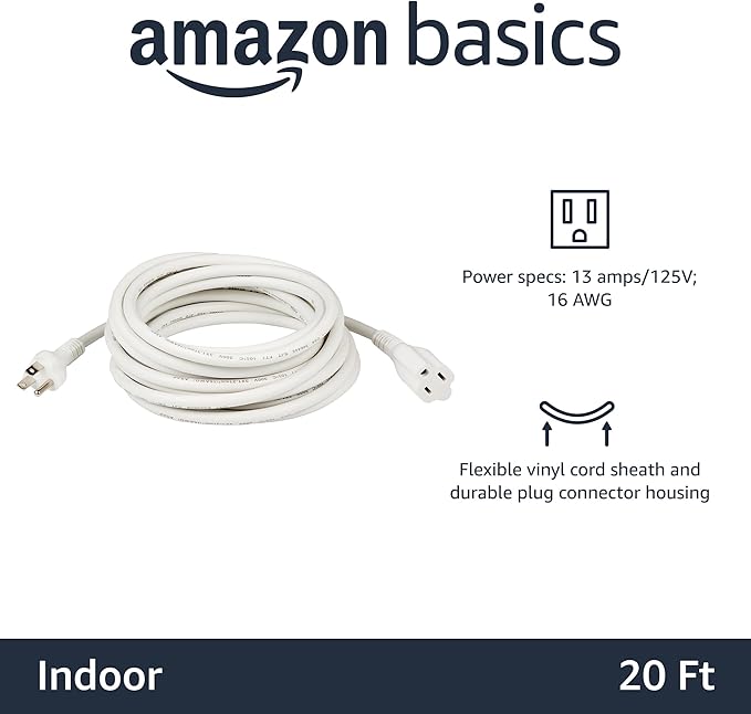 Amazon Basics Extension Cord, 13 Amps, 125V, 20 Foot, White - Pack of 2