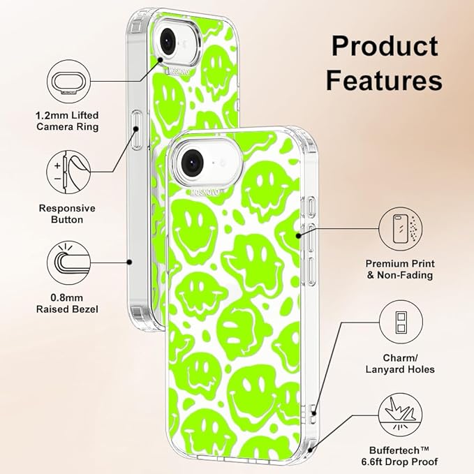 MOSNOVO for iPhone 17e Case/iPhone 16e Case, Shockproof Military-Grade Protection 6.6ft Drop Tested, Clear Phone Case for iPhone 16e / iPhone 17e, Distorted Green Smiles Face Design