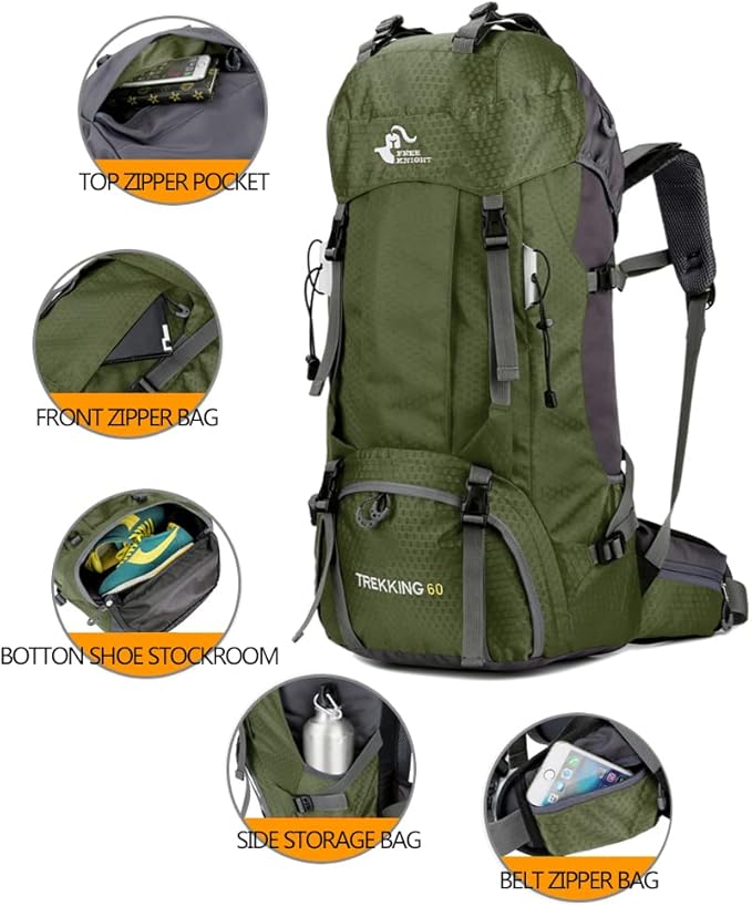 Bseash 60L Waterproof Hiking Camping Backpack with Rain Cover, Large Outdoor Sport Travel Daypack Rucksack for Climbing