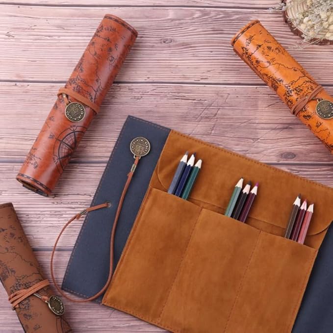 Cabilock Roll up Pencil Case Vintage Map Pu Leather Pencil Pouch Organizer for Artists Writers Travel School with Large Capacity and Secure Strap 2 Pack