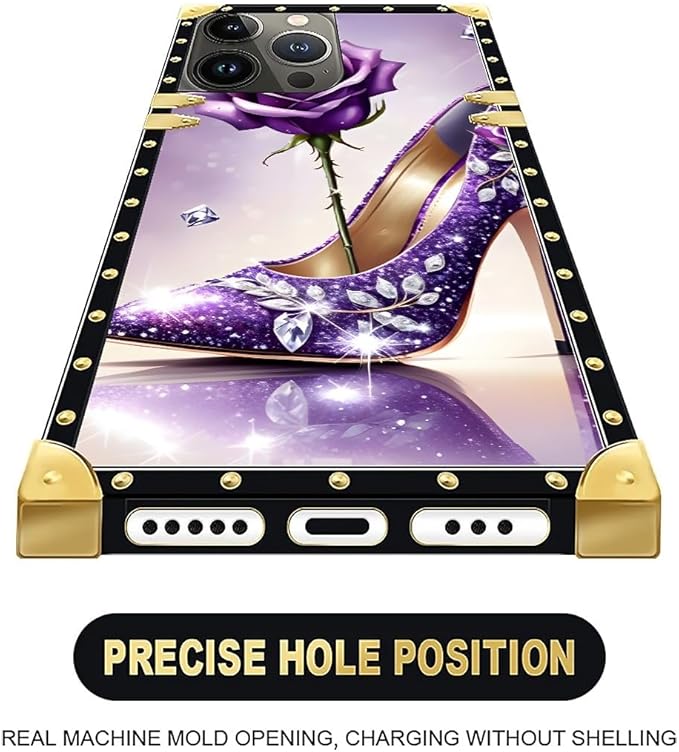 Compatible with iPhone 16 Pro Max Case, High Heeled Purple Diamond Rose Luxury Golden Decoration for Girl Women Soft TPU Shockproof Protective Hard PC Back for iPhone 16 Pro Max