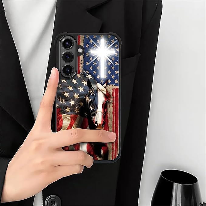 for Samsung Galaxy S26 Plus Case,Graphic Design for Girl Boy Soft Silicone Hard Acrylic Shock Protection Designed for Samsung Galaxy S26 Plus Red American Flag Horse Cross Pattern