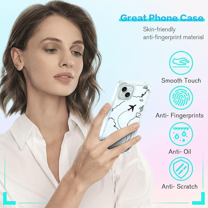 FANXI Minimalist Airplane Travel Map Phone Case Compatible with iPhone 15 (6.1 Inch) - Shockproof Clear Soft TPU Protective Cover with Airplane Design for Women Men and Girls