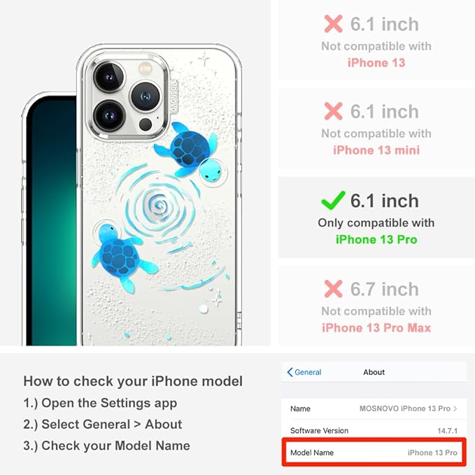 MOSNOVO Case for iPhone 13 Pro, [Buffertech 6.6ft Military-Grade Drop Protection] [Anti Peel Off Tech] Clear TPU Bumper Phone Case Cover Design - Space Turtle