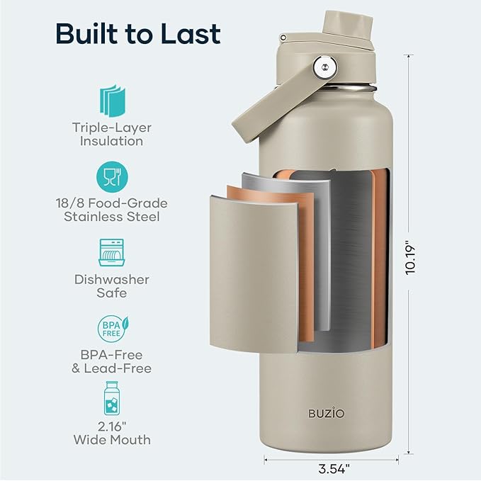 BUZIO 40 oz Water Bottle Insulated, Triple Wall Vacuum Stainless Steel Flask (Cold for 48 Hrs), Leakproof BPA-Free Wide Mouth Metal Jug Hydro Canteen with 2 Lids, Greige