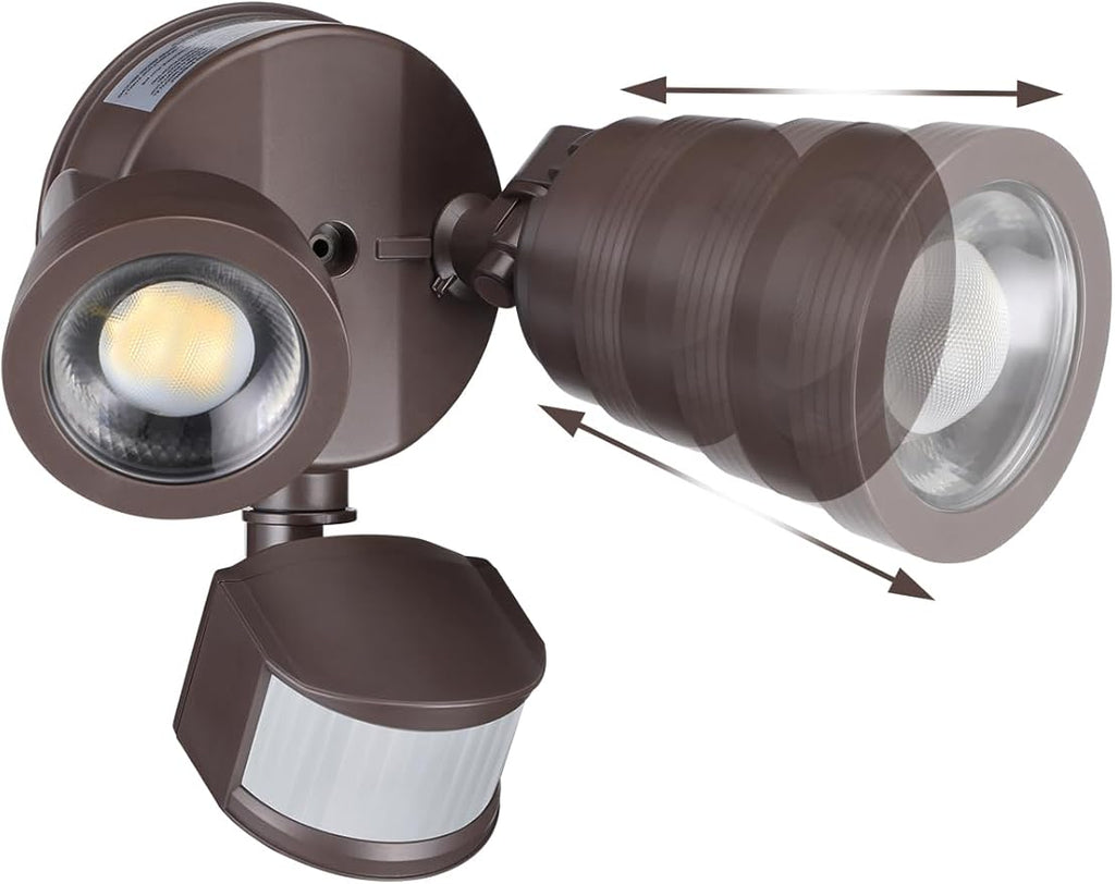 LEONLITE 25W LED Security Light Outdoor Motion Sensor, Motion Flood Lights for Outside, 30°-80° Beam Angle Adjustable, Dual-Head Security Light, Wet Location, ETL Listed, 5000K Daylight, Bronze