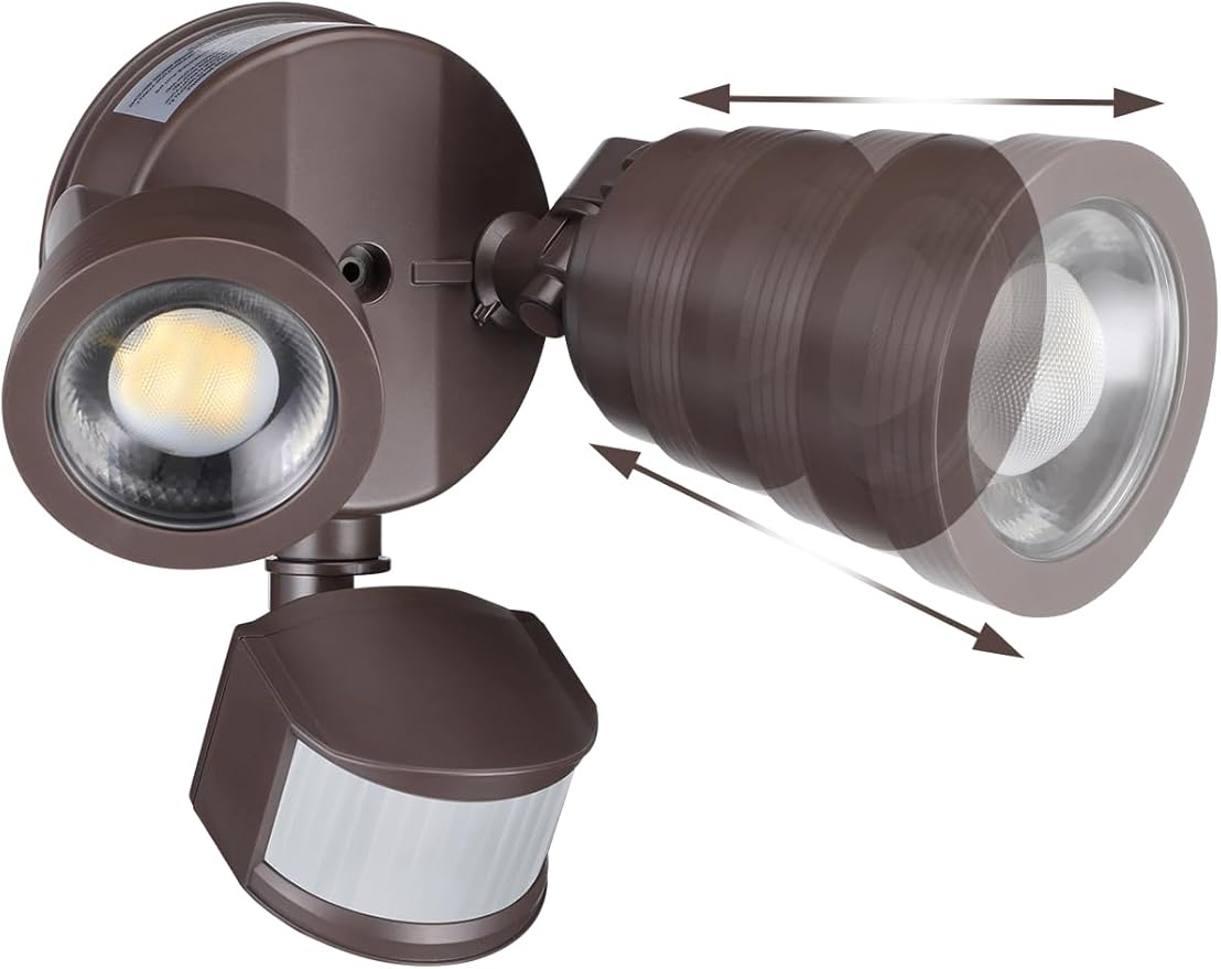 LEONLITE 25W LED Security Light Outdoor Motion Sensor, Motion Flood Lights for Outside, 30°-80° Beam Angle Adjustable, Dual-Head Security Light, Wet Location, ETL Listed, 5000K Daylight, Bronze