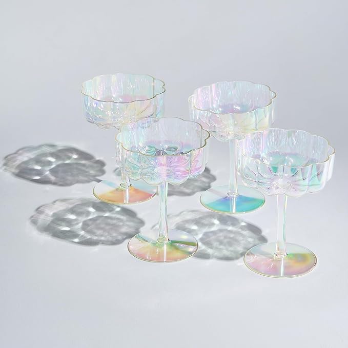 Khen Shatterproof Acrylic Flower Wavy Vintage Art Deco Martini, Champagne & Cocktail Iridescent Rainbow Plastic Tritan Coupe Glasses | 4 Set | 8.5oz Glassware Classic Cocktail Indoor & Outdoor Set