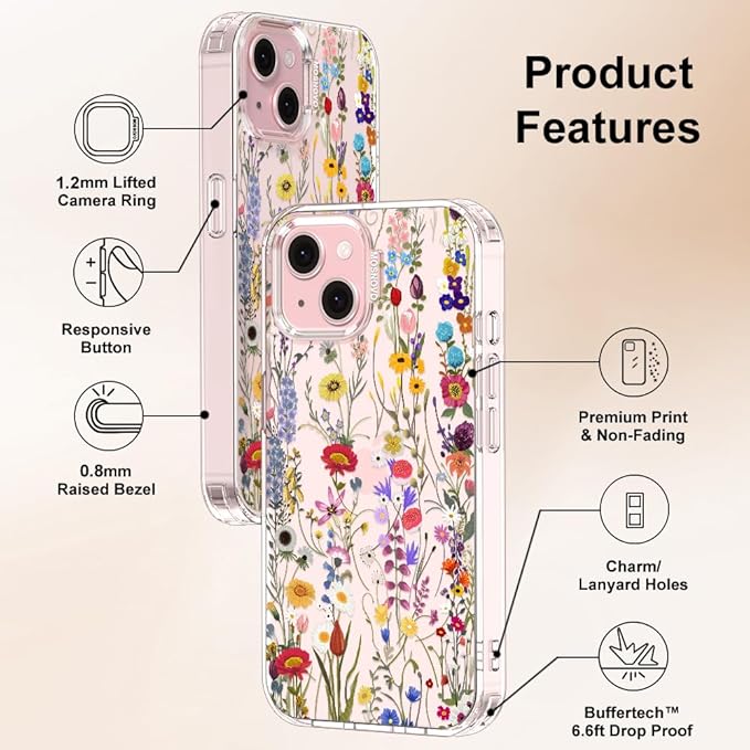 MOSNOVO Case for iPhone 15 Plus/iPhone 14 Plus, [Buffertech 6.6ft Military-Grade Drop Protection] [Anti Peel Off Tech] Clear TPU Bumper Phone Case Cover Design - Wildflower Meadow