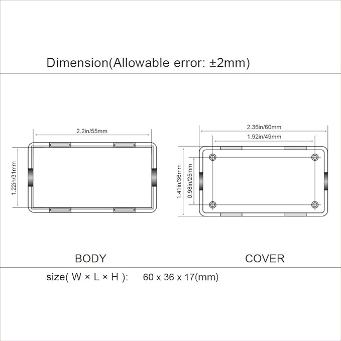 LeMotech 5Pcs ABS Plastic Electrical Project Case Power Junction Box, Project Box Black 2.4 x 1.4 x 0.7 inch (60 x 36 x 17 mm)