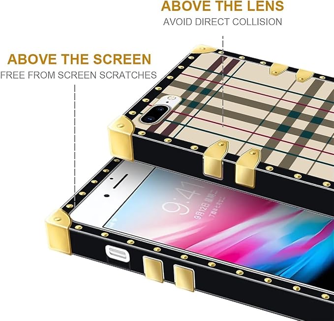 Compatible with iPhone 8 7 SE Case, Black Red Beige Stripes Luxury Golden Decoration for Girl Women Soft TPU Shockproof Protective Hard PC Back for iPhone 8 7 SE