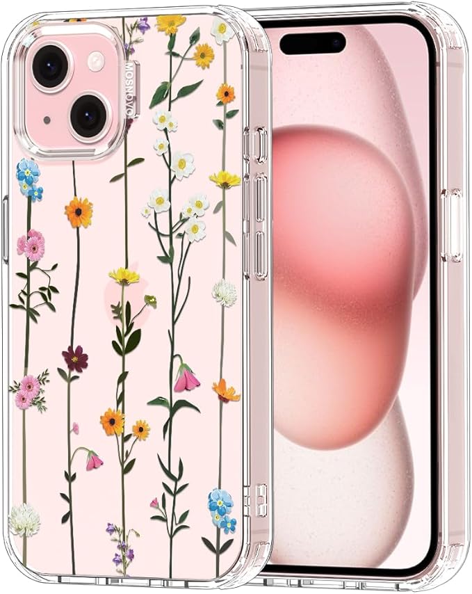 MOSNOVO Case for iPhone 15, [Buffertech 6.6ft Military-Grade Drop Protection] [Anti Peel Off Tech] Clear TPU Bumper Phone Case Cover Design - Wildflowers