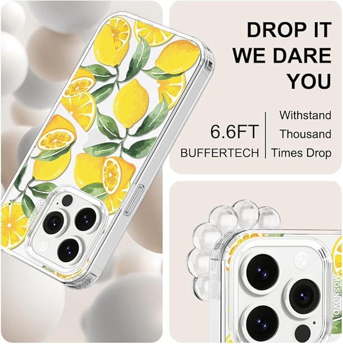 MOSNOVO Case for iPhone 14 Pro, [Buffertech 6.6ft Military-Grade Drop Protection] [Anti Peel Off Tech] Clear TPU Bumper Phone Case Cover Design - Lemon