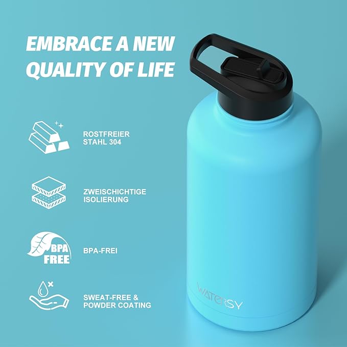 64oz Insulated Water Bottle (Cold for 48 Hrs),BPA Free&Leak Proof,Half Gallon Stainless Steel Water Flask,Water Jug with Straw Spout Lids for Gym,Hiking,Camping,Sky Blue