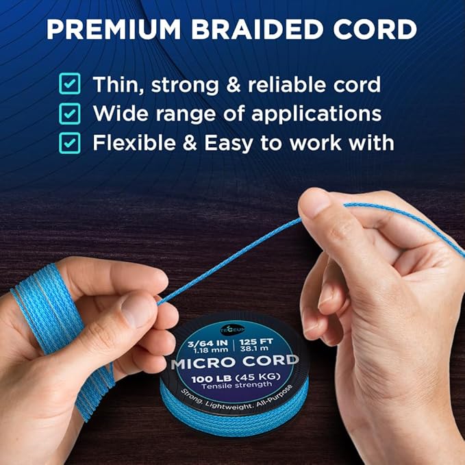 TECEUM Micro Paracord – 1.18 mm X 125 ft – Micro Utility Cord – Thin Braided Paracord Rope – Best for Crafting, DIY Projects, Fishing, Camping – Wind Chime Replacement – Survival Strong String