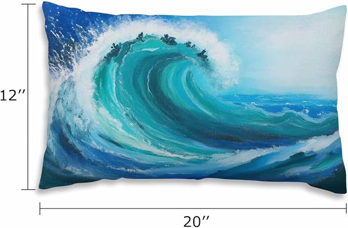 EKOBLA Sea Wave Lumber Pillow Cases Watercolor Painting Ocean Storm Landscape Linen Lumber Decorative Throw Cushion Cover Pillowcases for Bed Sofa Oblong Rectangle 12x20 Inches